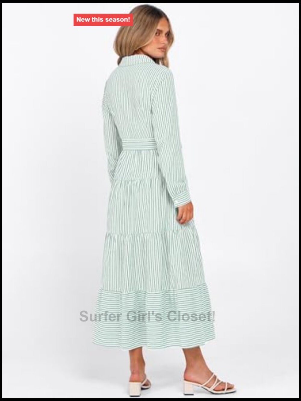 Women's Long Sleeve Striped Flowy Maxi Dress Button Down Ruffle Hem Tie Waist - Picture 5 of 7